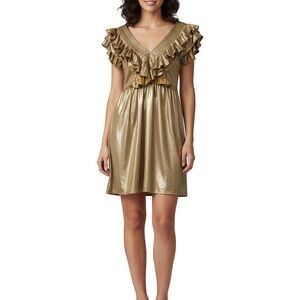 entro Metallic Gold Ruffle V-Neck Mini Dress